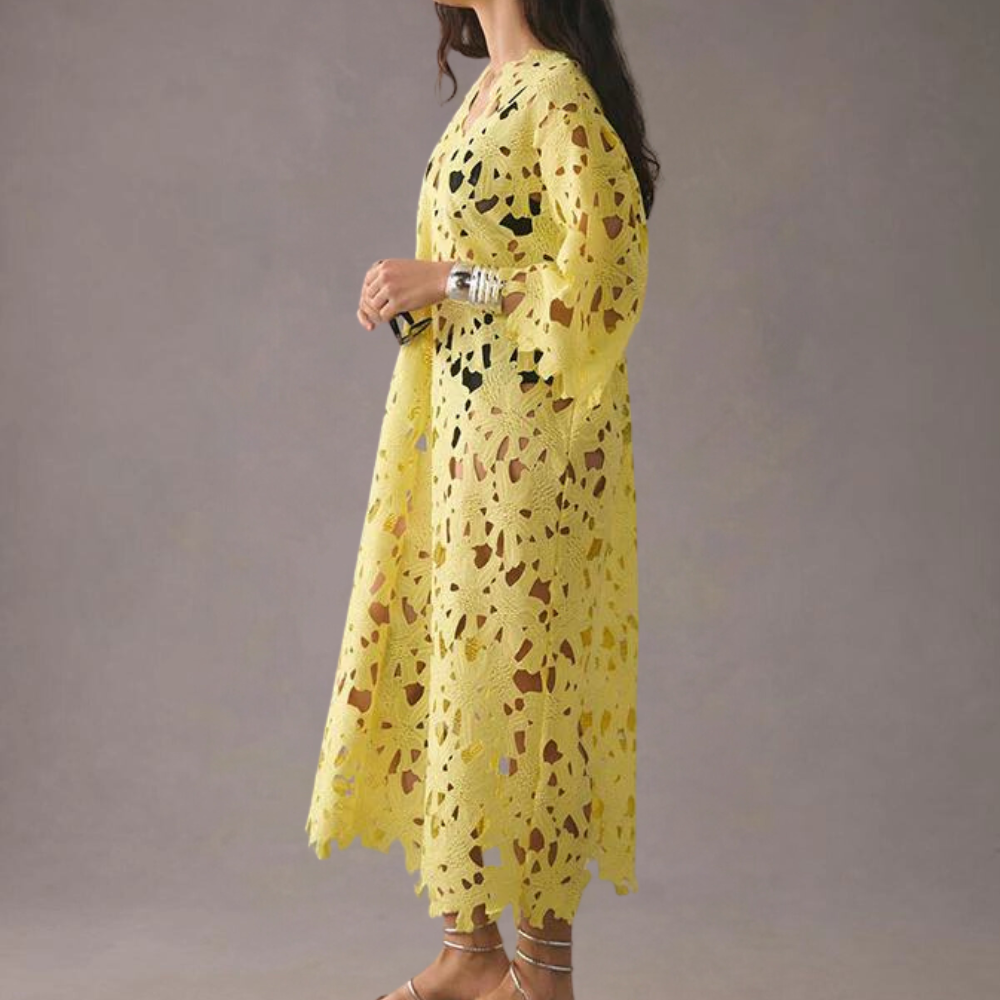 Gelbes Spitzenkleid Damen, knielang, elegant, modisch, ideal für Sommer, Freizeit, Party.