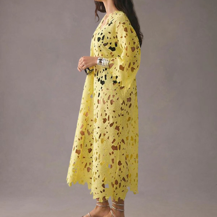 Gelbes Spitzenkleid Damen, knielang, elegant, modisch, ideal für Sommer, Freizeit, Party.