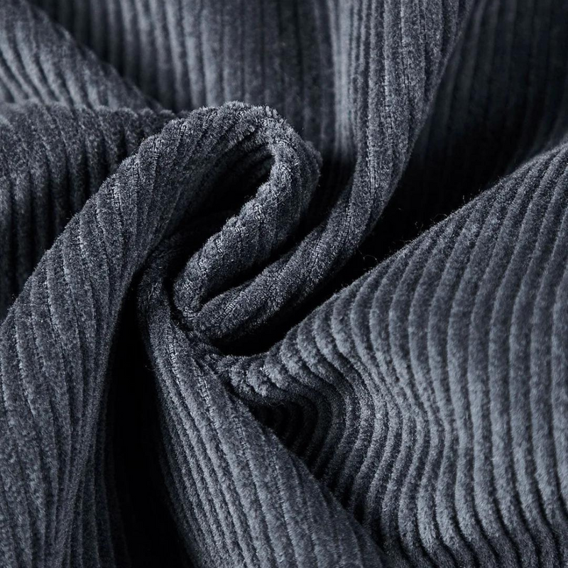 Dunkelgrauer Cordstoff, Nahaufnahme, Textur, Falten, weicher Baumwollstoff, Mode, Bekleidung.