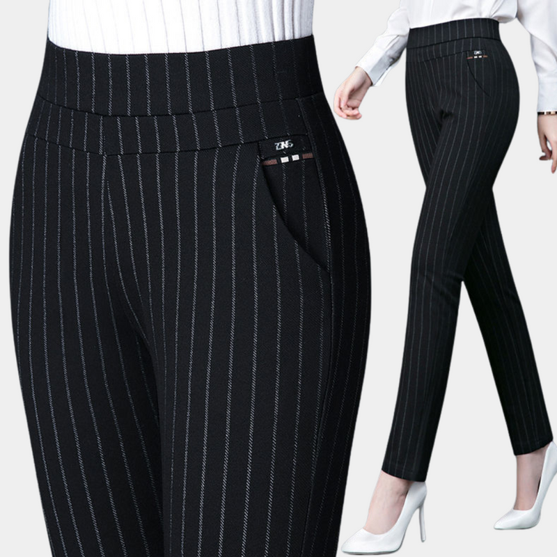 Schwarze Damenhose mit Nadelstreifen, elegant, Business-Look, elastisch, hoher Bund.
