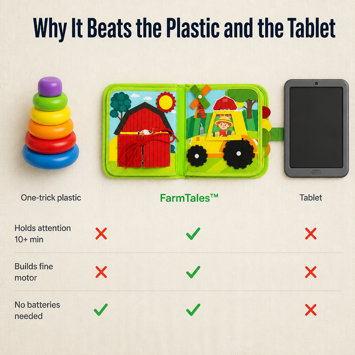 Vergleichsgrafik: Das Filzbuch in der Mitte, links ein bunter Stapelturm aus Plastik, rechts ein Tablet, darunter Häkchen und Kreuze in einer Tabelle. 6
