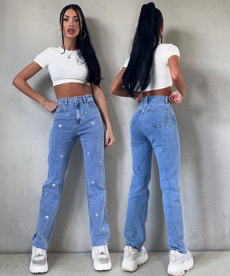 Dame stretchjeans med vide ben og hjerteprint - Amelie