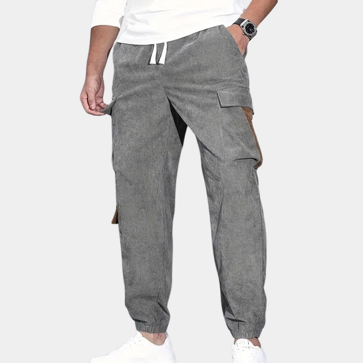 Graue Herren-Cargohose, Baumwolle, mit Taschen, lässig, bequem, modisch, für Freizeitkleidung.