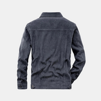 Graue Cordjacke Herren, Rückansicht, modisch, langärmelig, Knöpfe, Herbstmode, Baumwolle.