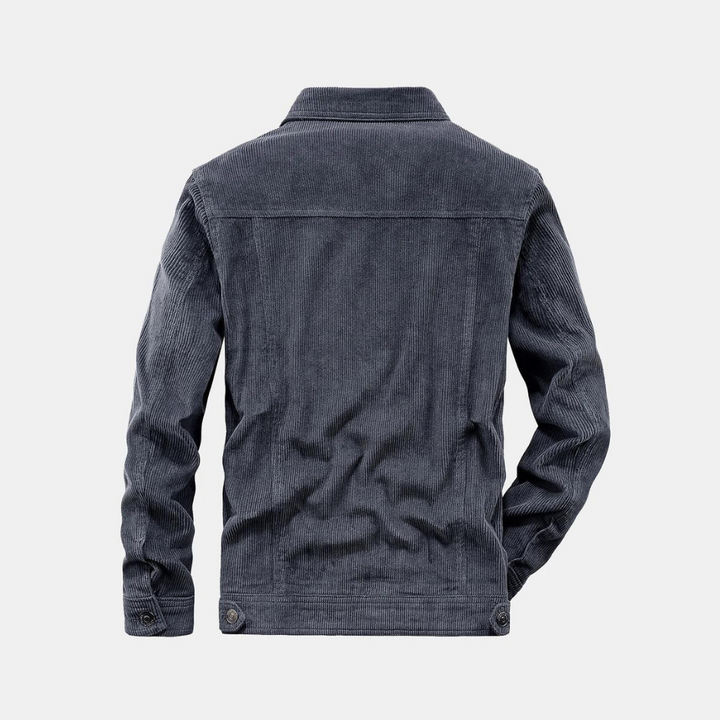 Graue Cordjacke Herren, Rückansicht, modisch, langärmelig, Knöpfe, Herbstmode, Baumwolle.