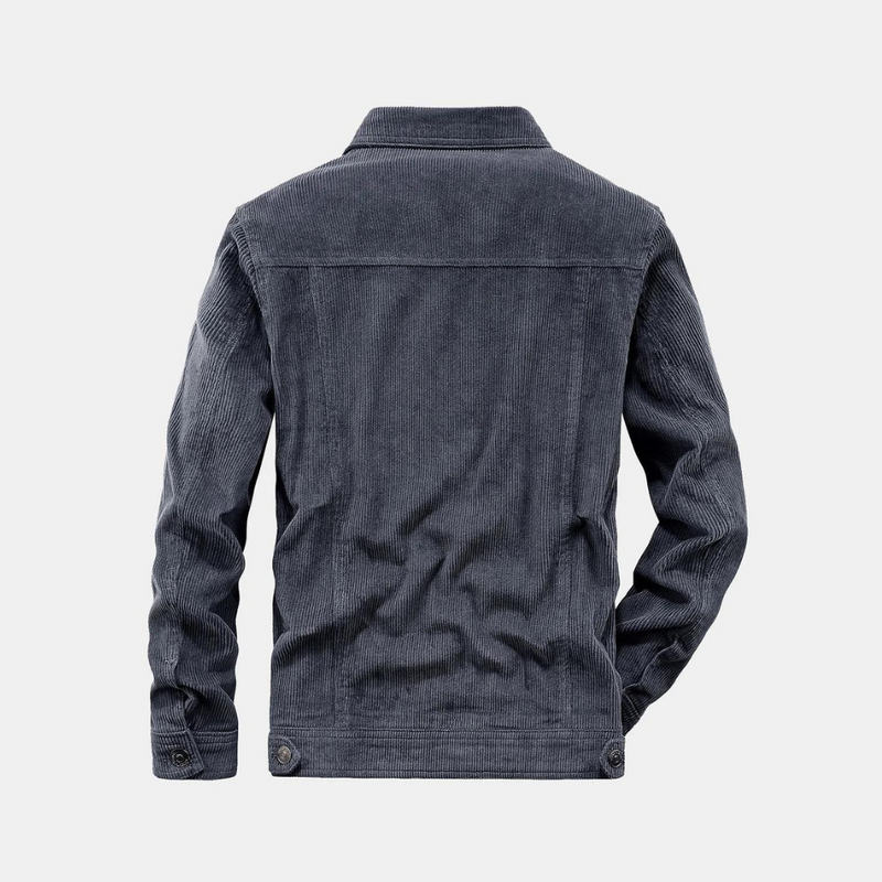Graue Cordjacke Herren, Rückansicht, modisch, langärmelig, Knöpfe, Herbstmode, Baumwolle.