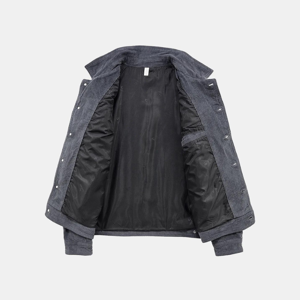 Graue Cordjacke mit schwarzem Innenfutter, Herrenmode, stilvoll und warm, Herbstbekleidung.