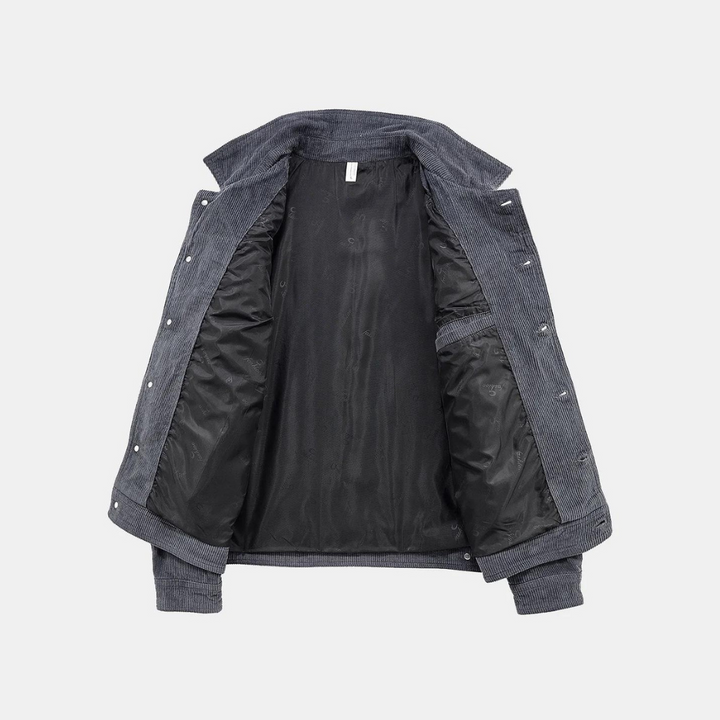 Graue Cordjacke mit schwarzem Innenfutter, Herrenmode, stilvoll und warm, Herbstbekleidung.