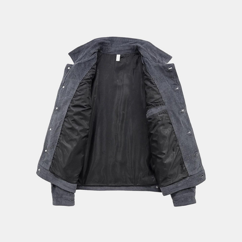 Graue Cordjacke mit schwarzem Innenfutter, Herrenmode, stilvoll und warm, Herbstbekleidung.