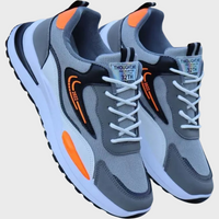 Graue Mesh-Sneaker mit orangefarbenen Akzenten, Sportschuhe, atmungsaktiv, Herrenmode.