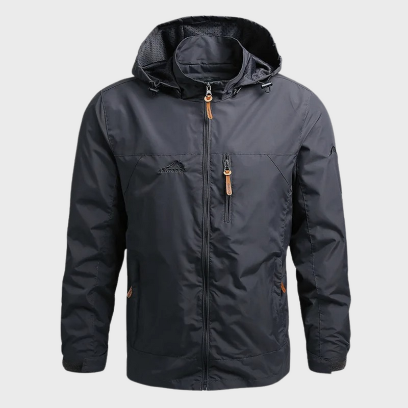 Graue Herren-Windjacke mit Kapuze, Reißverschlusstaschen, wasserabweisend, Outdoor-Bekleidung.