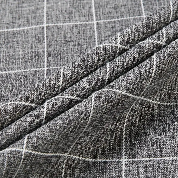 Grauer kariertem Stoff, Leinenmischung, Textilmaterial, Nähzubehör, Bekleidungsstoff.