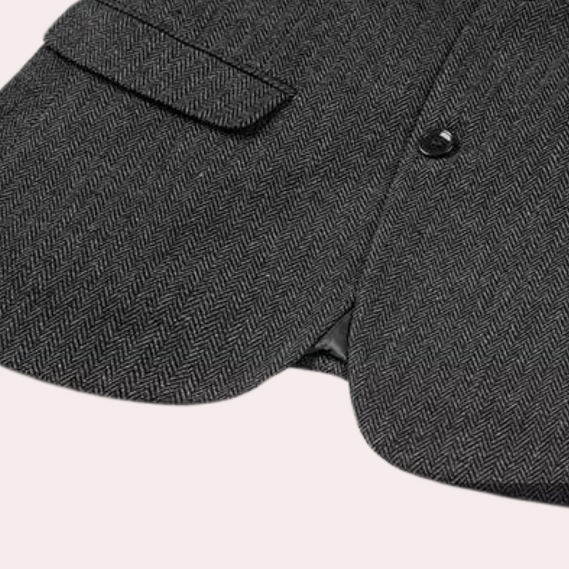 Grauer Herringbone-Wollblazer, elegantes Design, Herrenmode, klassischer Stil, Knopfverschluss.