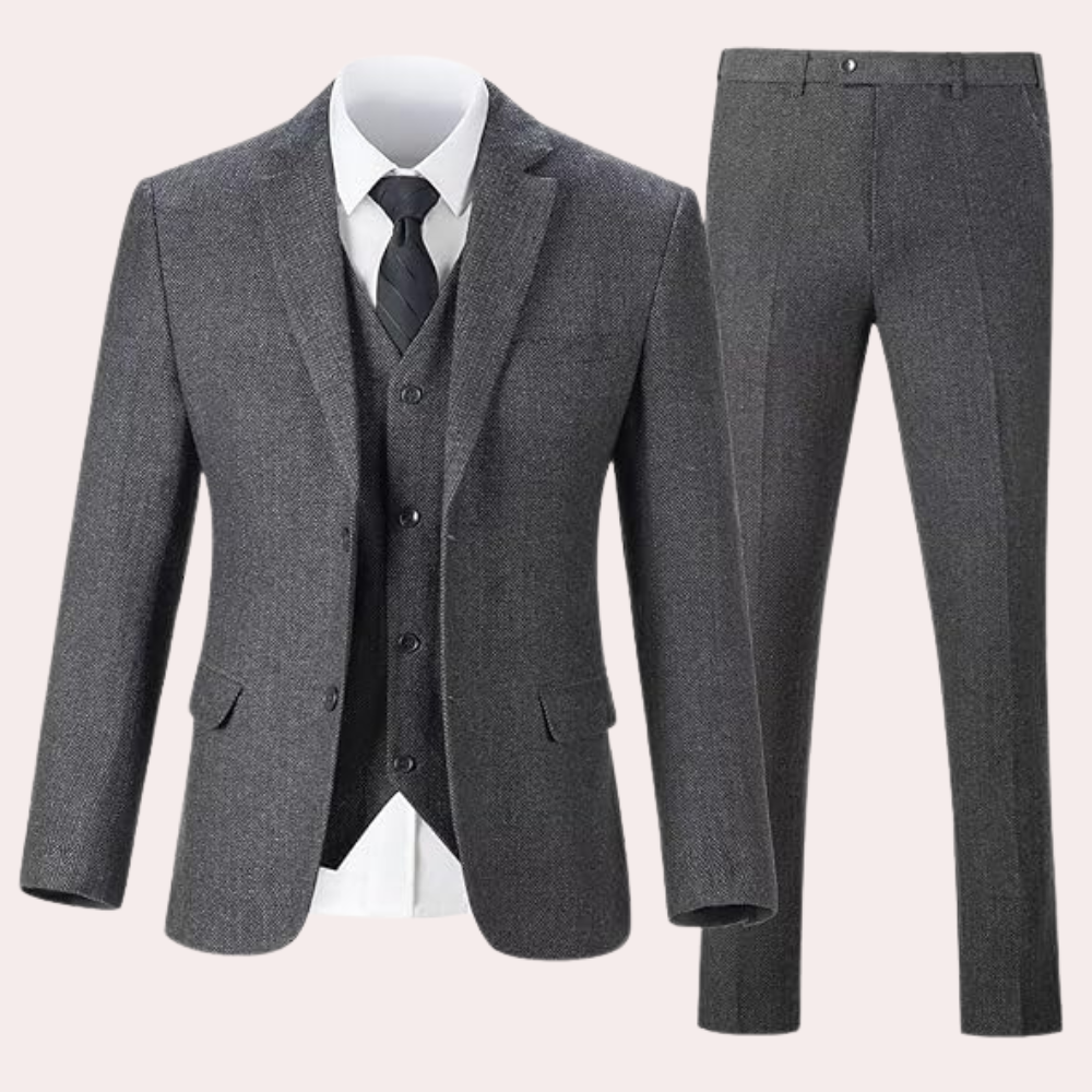 Grauer Herrenanzug dreiteilig, Sakko, Weste, Hose, formell, Business, elegant, klassisch.