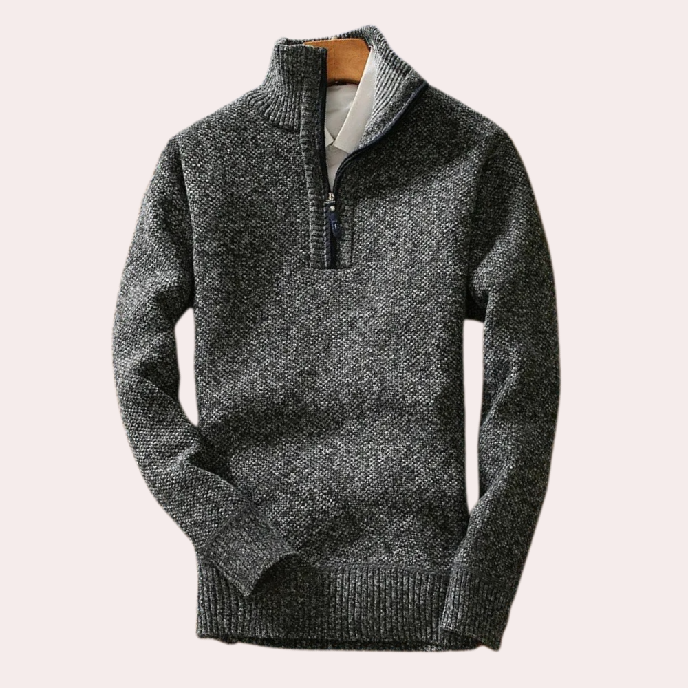 Grauer Herrenpullover mit Reißverschluss, Strick, warm, modisch, Winterkleidung.