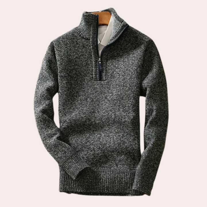 Grauer Herrenpullover mit Reißverschluss, Strick, warm, modisch, Winterkleidung.