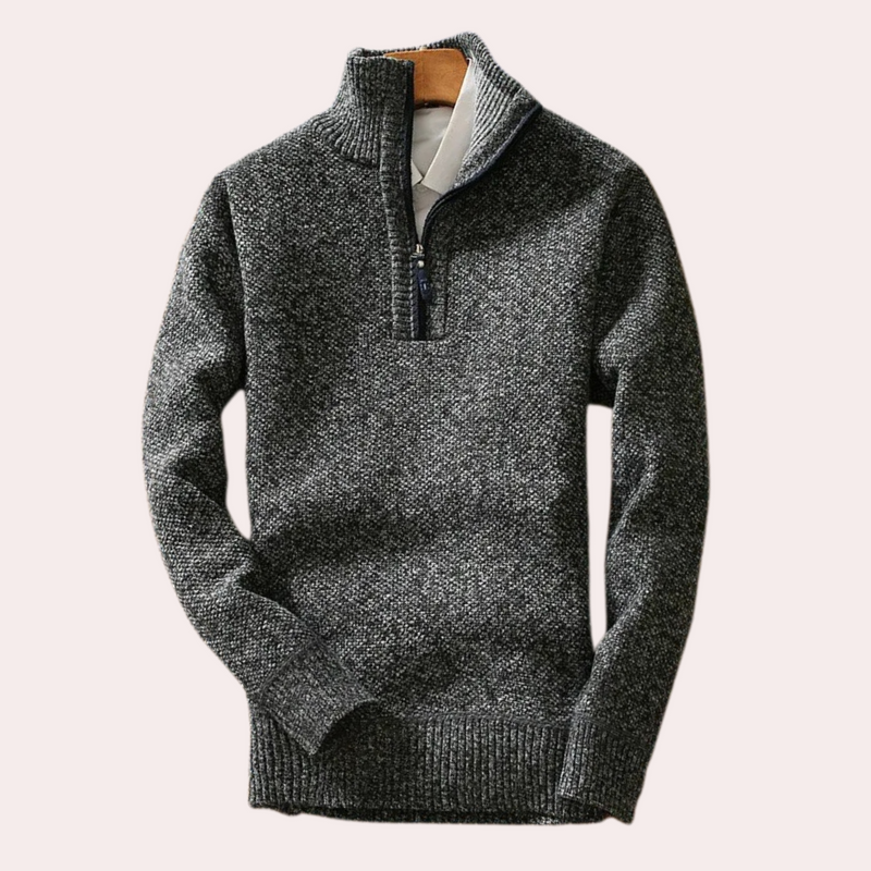 Grauer Herrenpullover mit Reißverschluss, Strick, warm, modisch, Winterkleidung.