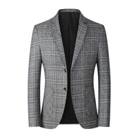 Grauer Herrenblazer kariert, Freizeitmode, eleganter Anzug, hochwertiger Stoff, stilvoll.