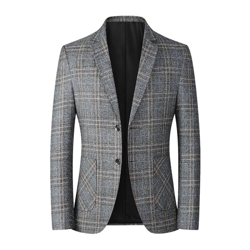Grauer Herrenblazer kariert, Freizeitmode, eleganter Anzug, hochwertiger Stoff, stilvoll.