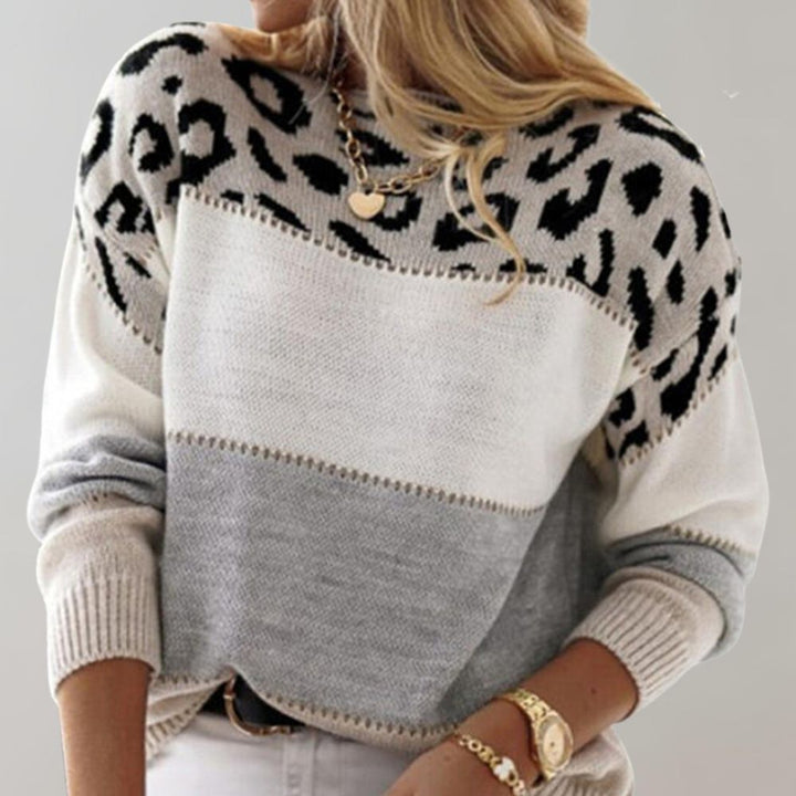 Damenpullover grau, Leopardenmuster, Strick, modisch, langärmelig, Herbstmode.
