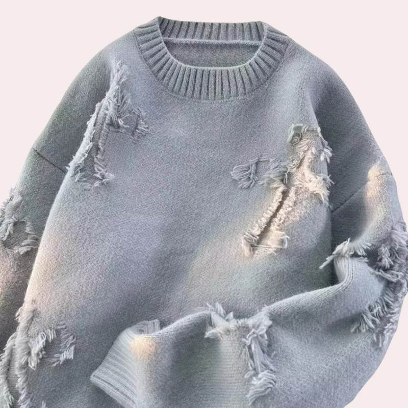 Grauer Strickpullover mit Fransen, Unisex, modisch, Baumwolle, lässig, Herbstmode.