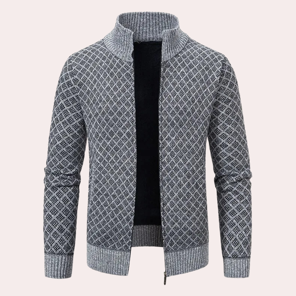 Grauer Strickjacke mit Reißverschluss, geometrisches Muster, Herrenmode, warm, stilvoll.