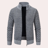 Grauer Strickjacke mit Reißverschluss, geometrisches Muster, Herrenmode, warm, stilvoll.