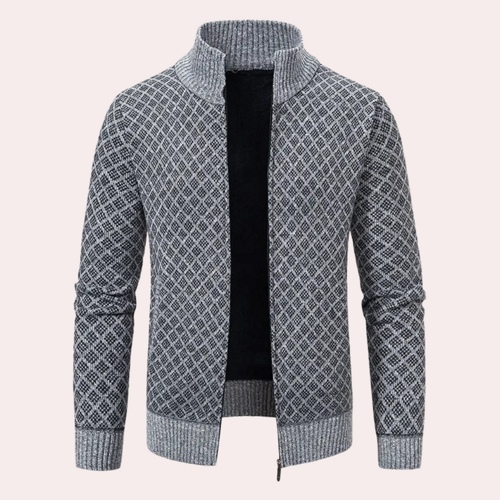 Grauer Strickjacke mit Reißverschluss, geometrisches Muster, Herrenmode, warm, stilvoll.
