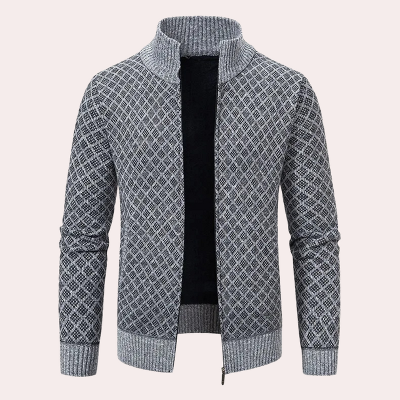 Grauer Strickjacke mit Reißverschluss, geometrisches Muster, Herrenmode, warm, stilvoll.