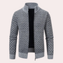 Grauer Strickjacke mit Reißverschluss, geometrisches Muster, Herrenmode, warm, stilvoll.