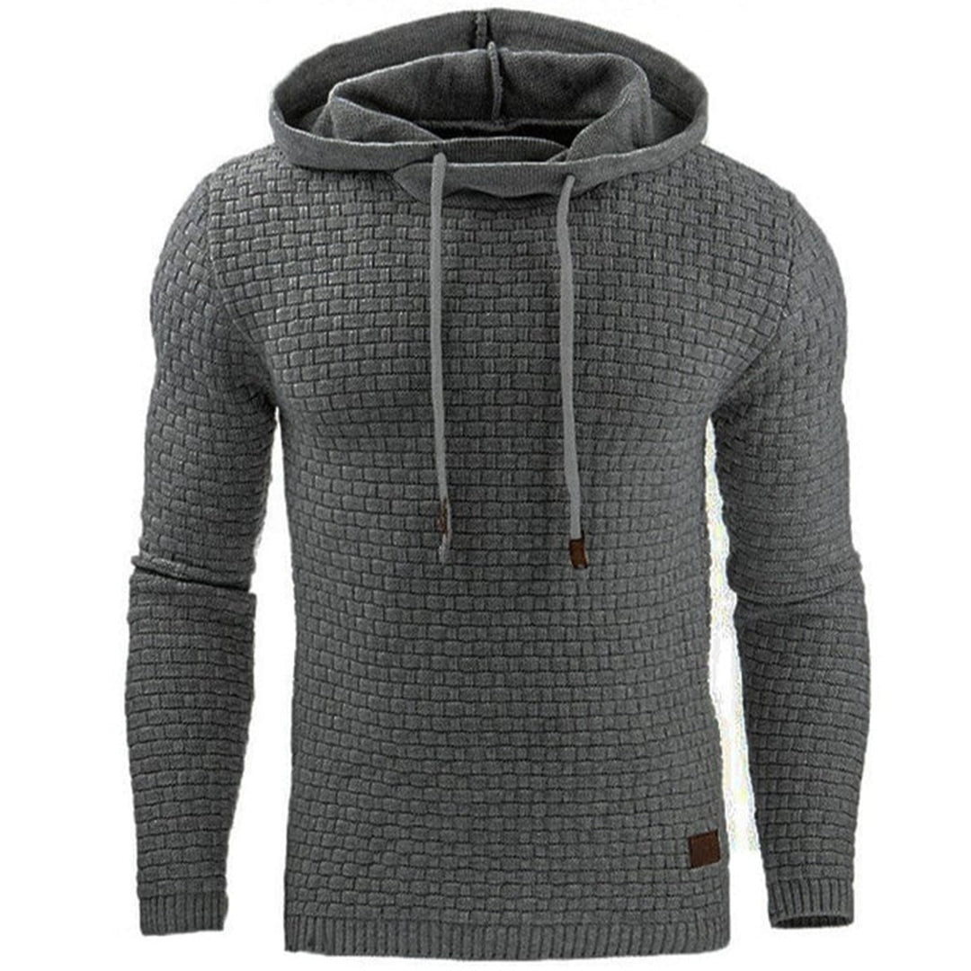 Grauer Strickpullover mit Kapuze, Herrenmode, warm, stilvoll, Winterbekleidung, Freizeitlook.