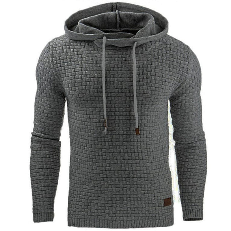 Grauer Strickpullover mit Kapuze, Herrenmode, warm, stilvoll, Winterbekleidung, Freizeitlook.