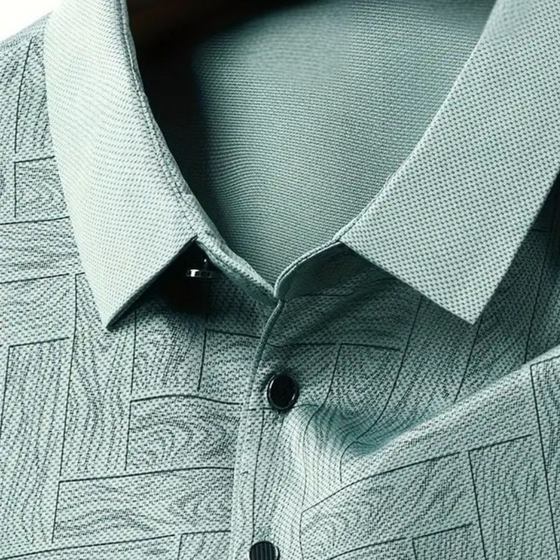 Graues Herrenhemd mit geometrischem Muster, Knopfleiste, elegantes Design, Baumwolle.