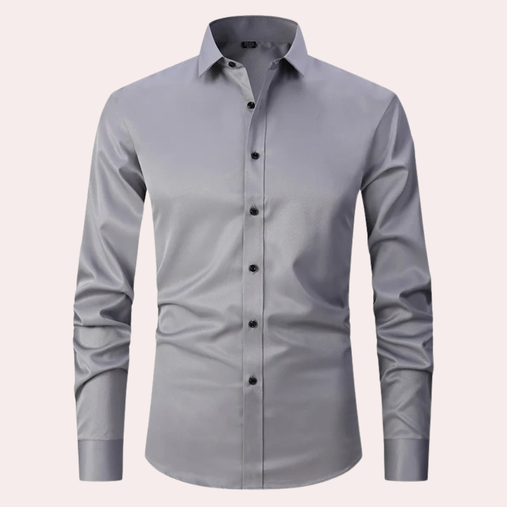 Graues Herrenhemd, langärmelig, Stretch, Knopfleiste, elegantes Design.