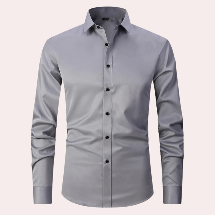 Graues Herrenhemd, langärmelig, Stretch, Knopfleiste, elegantes Design.