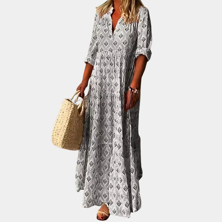 Damen Sommerkleid grau, lang, gemustert, V-Ausschnitt, Freizeitmode, Strandtasche.