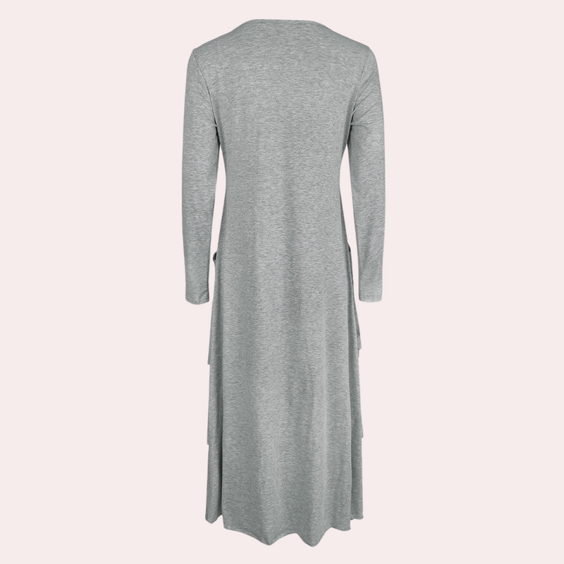 Graues langes Damenkleid aus Baumwolle, Rückansicht, elegantes Design, knöchellang.