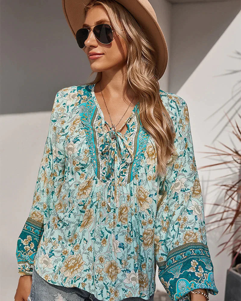 Vintage boheme sommerbluse med blomsterprint og lange ærmer – Sana