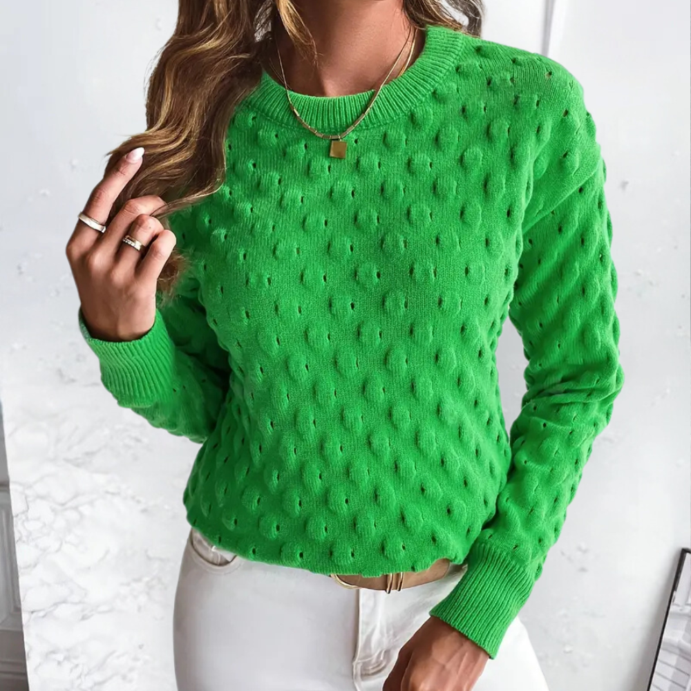 Grüner Damenpullover mit Strickmuster, langärmelig, modisch, bequem, Herbstmode.
