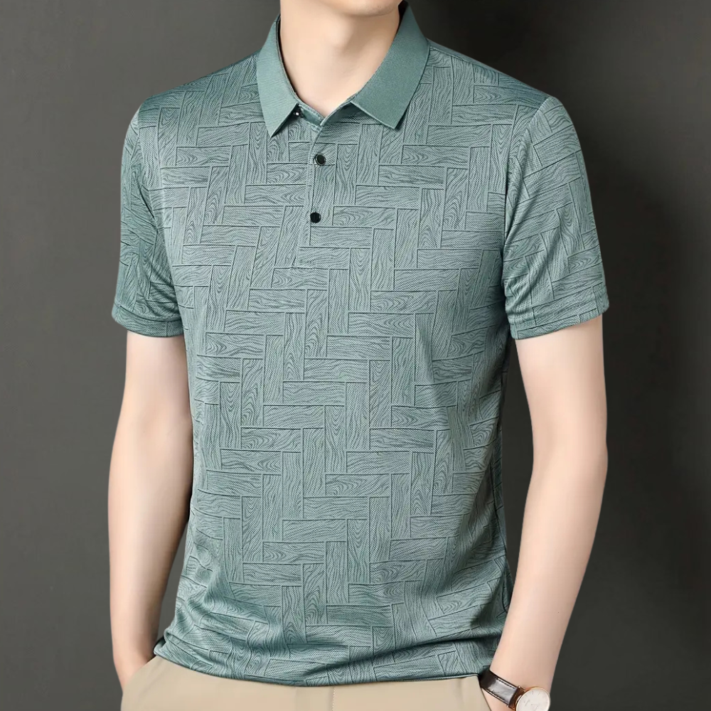 Grünes Herren-Poloshirt mit geometrischem Muster, kurzärmelig, Freizeitmode.