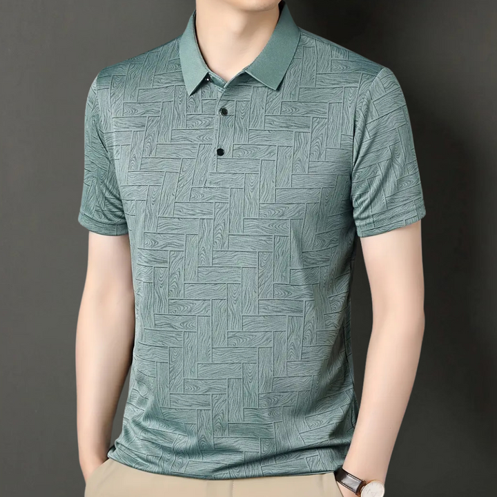 Grünes Herren-Poloshirt mit geometrischem Muster, kurzärmelig, Freizeitmode.