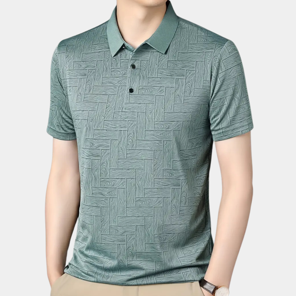 Grünes Herren-Poloshirt mit geometrischem Muster, kurzärmelig, aus Baumwolle.