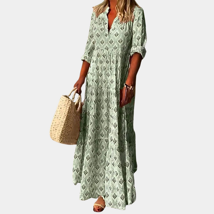 Damen Sommerkleid grün, lang, gemustert, V-Ausschnitt, Freizeitkleidung, Boho-Stil.