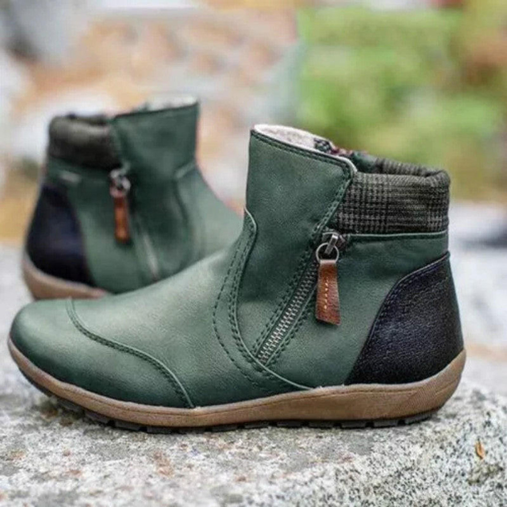 Grüne Damenstiefeletten mit Reißverschluss, Leder, rutschfeste Sohle, modisch und bequem.