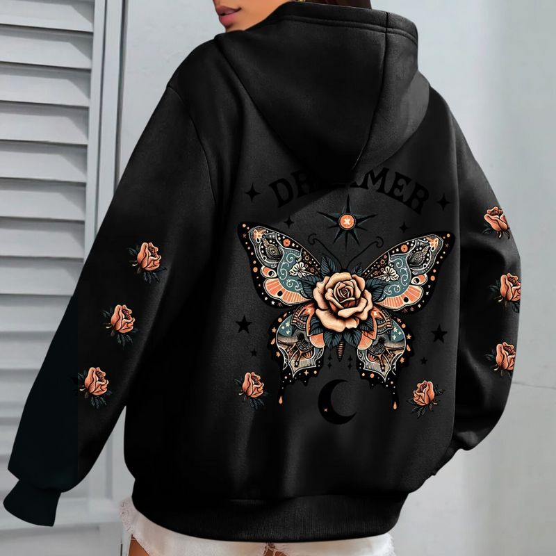 Schwarzer Hoodie mit Schmetterlings- und Rosenmuster, Damenmode, Streetwear, Kapuzenpullover.