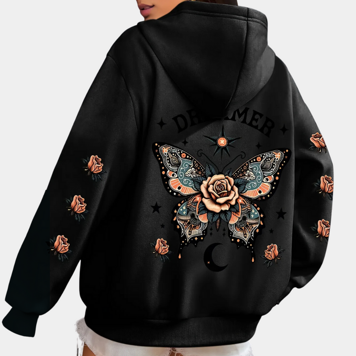 Schwarzer Hoodie mit Schmetterlings- und Rosenmuster, Damenmode, Streetwear, Kapuzenpullover.