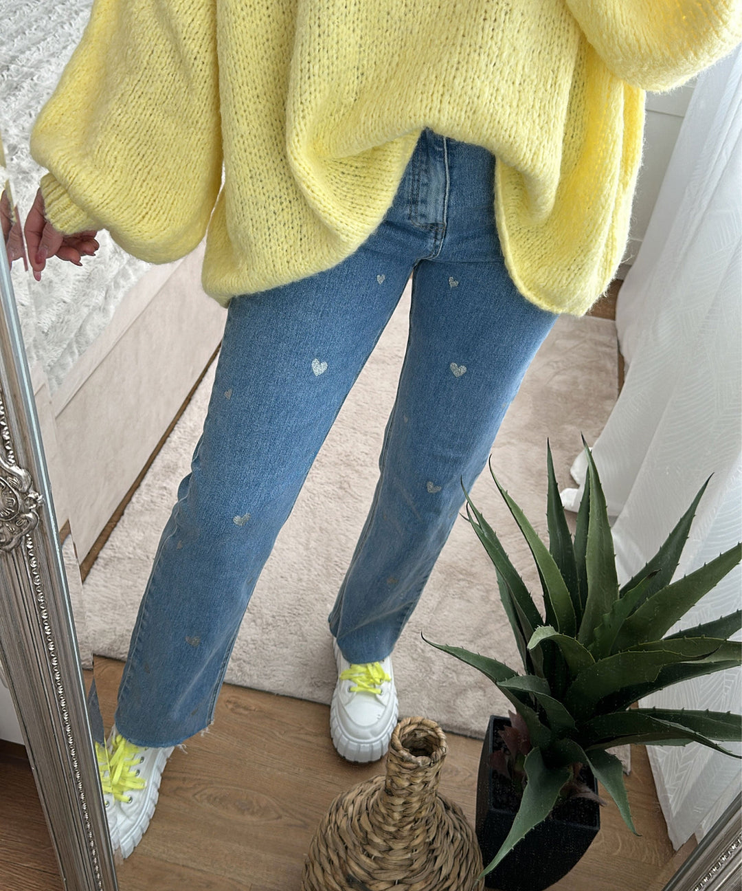 Dame stretchjeans med vide ben og hjerteprint - Amelie