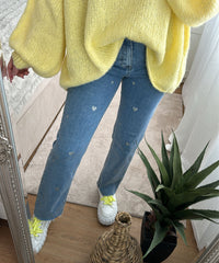 Dame stretchjeans med vide ben og hjerteprint - Amelie