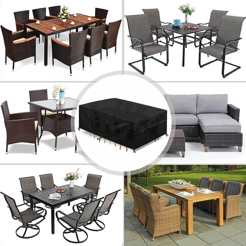 Collage mit verschiedenen Gartenmöbeln wie Esstischen, Stühlen und Loungesofa, in der Mitte die schwarze Abdeckung. 2