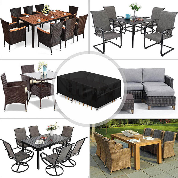 Collage mit verschiedenen Gartenmöbeln wie Esstischen, Stühlen und Loungesofa, in der Mitte die schwarze Abdeckung. 2